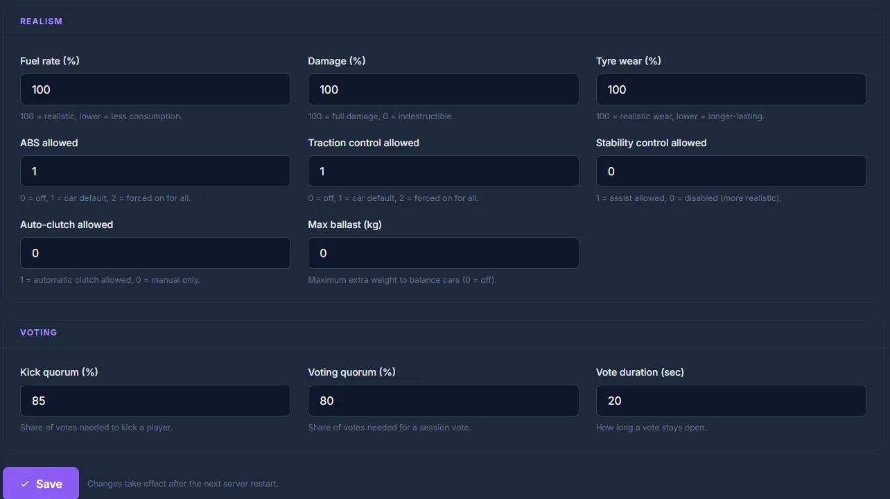 Guided Assetto Corsa editor: realism options (ABS, traction control, damage, tyre wear) and voting settings