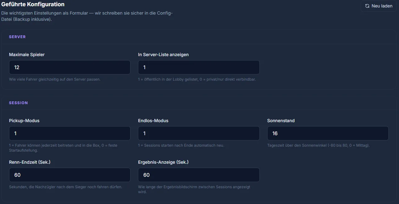 Geführter Assetto-Corsa-Editor: Server- und Session-Einstellungen als Formular im game-serverhosting.de Panel