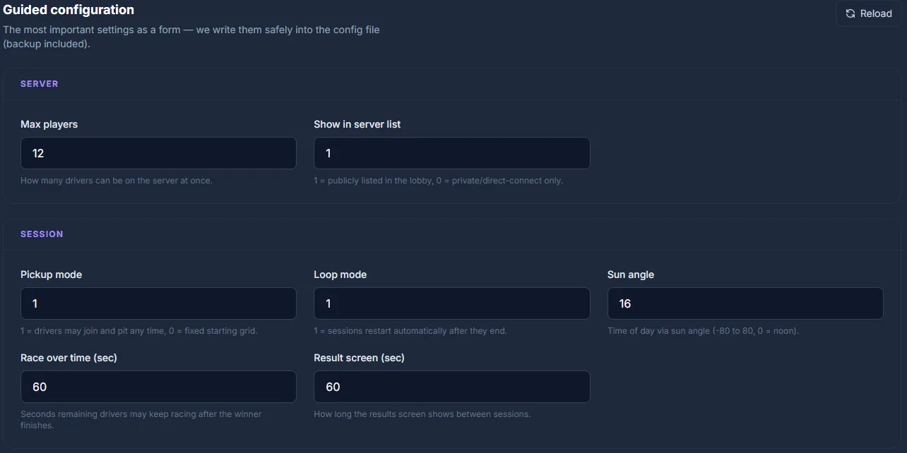 Guided Assetto Corsa editor: server and session settings as a form in the game-serverhosting.de panel