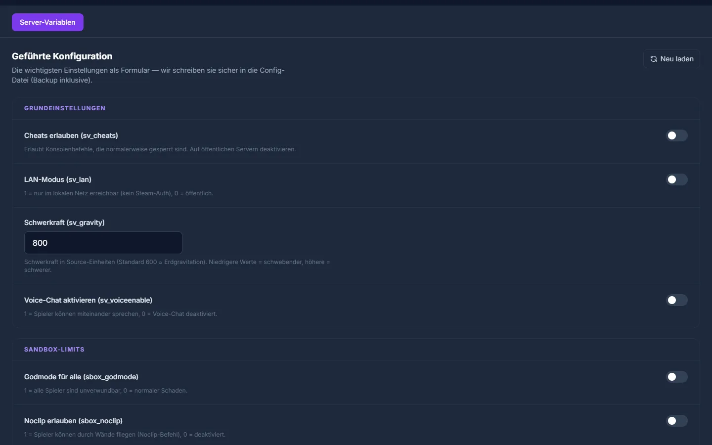 Geführter Server-Variablen-Editor für Garry's Mod im game-serverhosting.de Panel