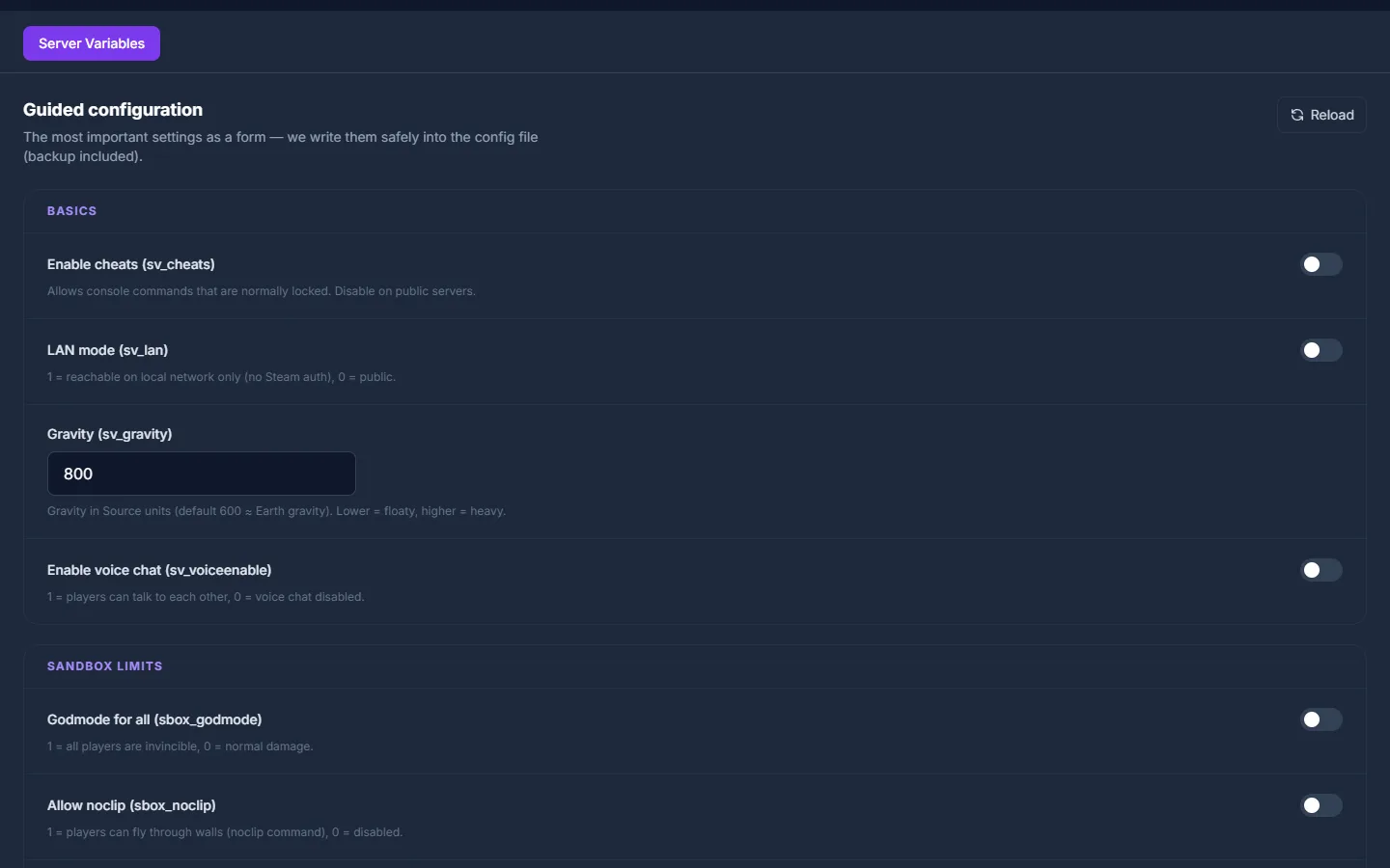 Guided server variables editor for Garry's Mod in the game-serverhosting.de panel