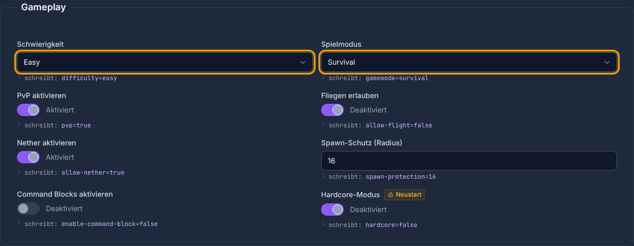 Gamemode und Schwierigkeit