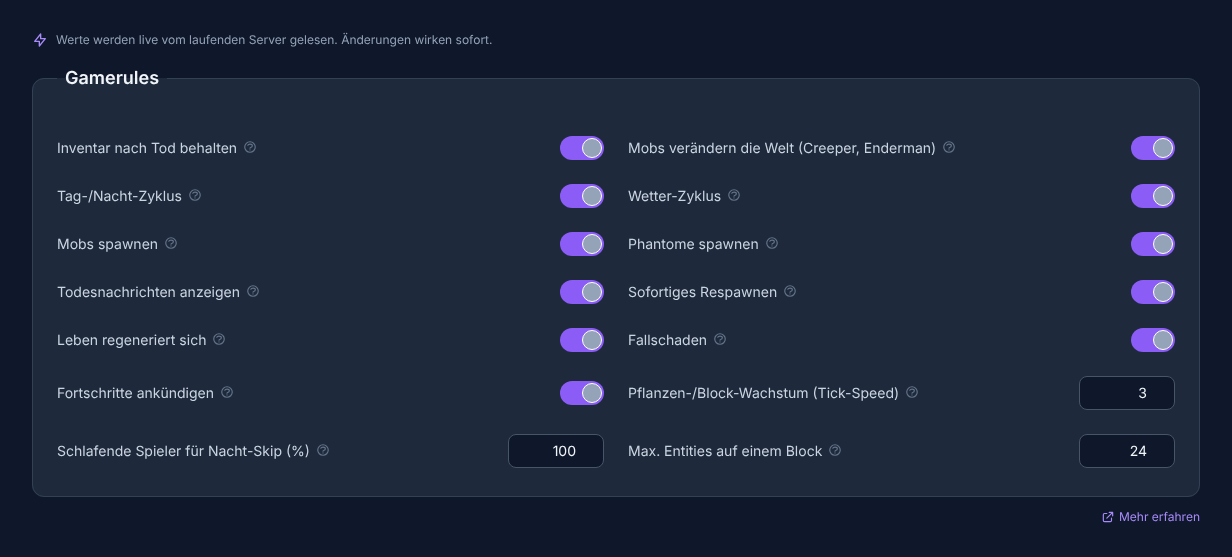 Gameregeln-Editor im game-serverhosting.de Panel