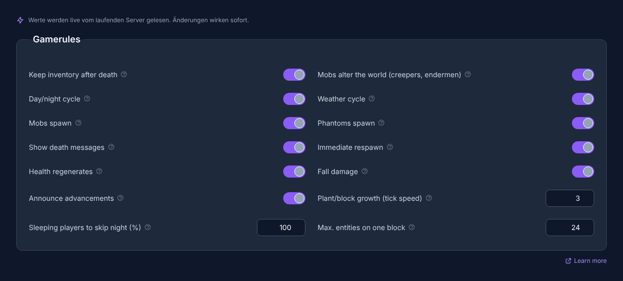 Gamerules editor in the game-serverhosting.de panel