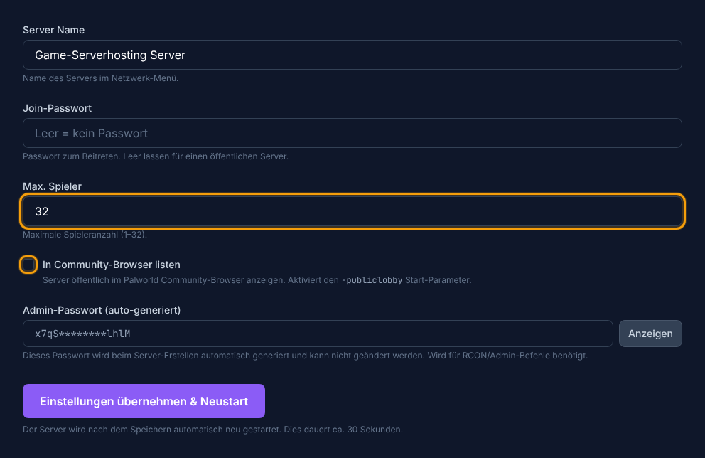 Max. Spieler und Community-Toggle im Wizard