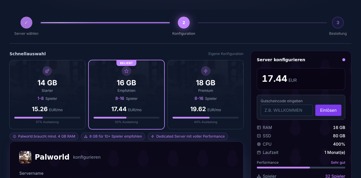 Palworld-Server im Order-Wizard