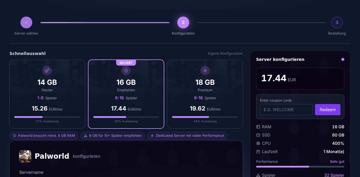 Palworld server in the order wizard