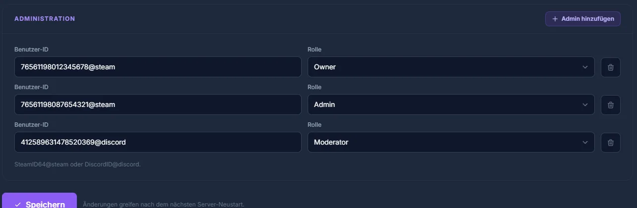 SCP-SL Administration: Admins mit SteamID64 oder Discord-ID und Rolle (Owner, Admin, Moderator) im geführten Editor