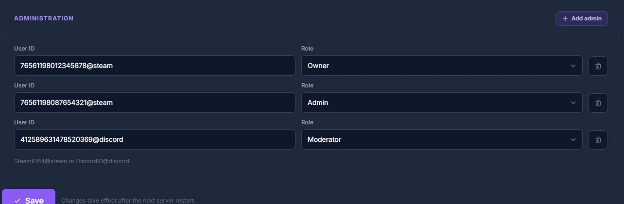 SCP-SL administration: admins with SteamID64 or Discord ID and role (owner, admin, moderator) in the guided editor