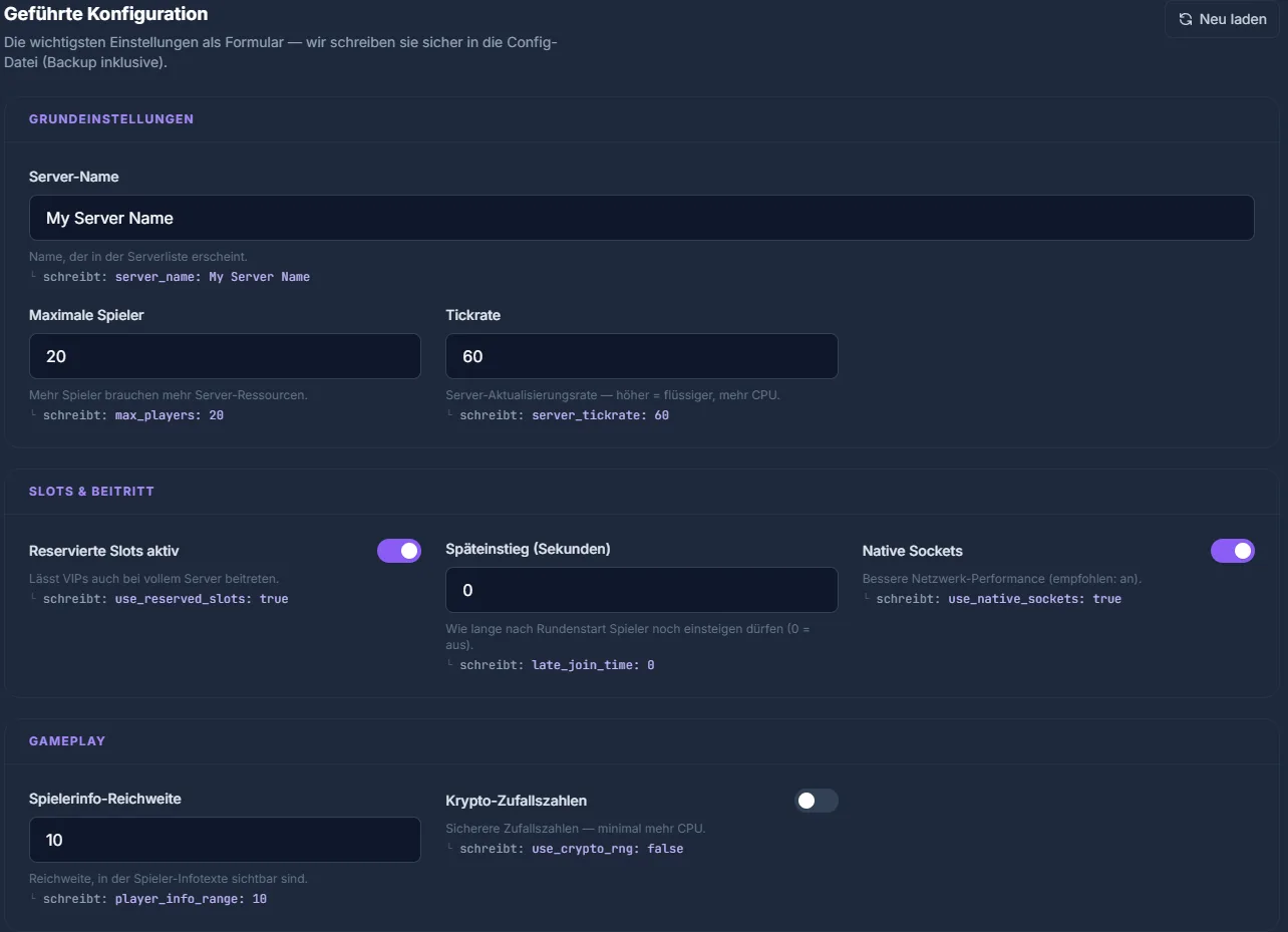 Geführter SCP-SL Konfigurations-Editor: Grundeinstellungen, Slots und Gameplay als Formular im game-serverhosting.de Panel