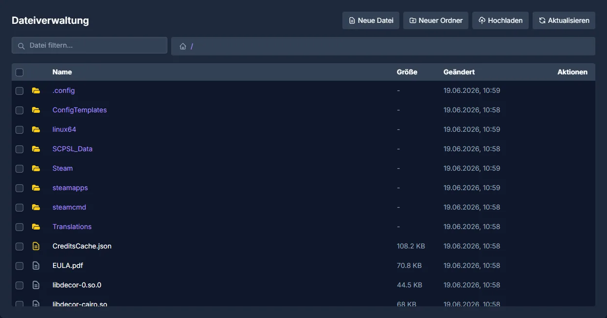 SCP-SL Dateimanager im game-serverhosting.de Panel mit den echten Server-Dateien