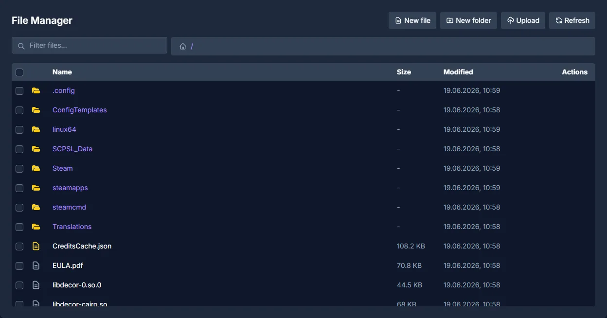 SCP-SL file manager in the game-serverhosting.de panel showing the real server files
