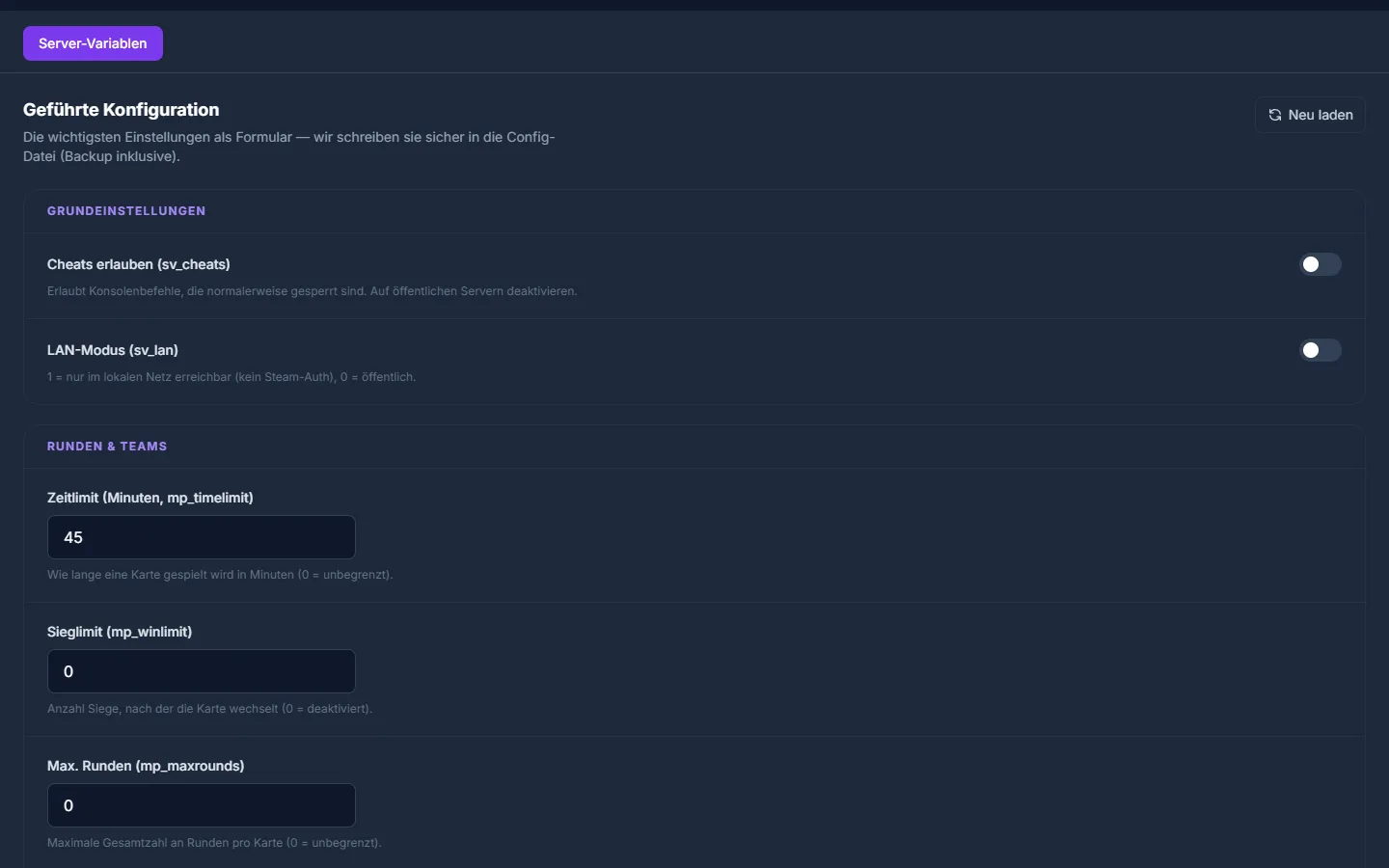 Geführter Server-Variablen-Editor für Team Fortress 2 im game-serverhosting.de Panel