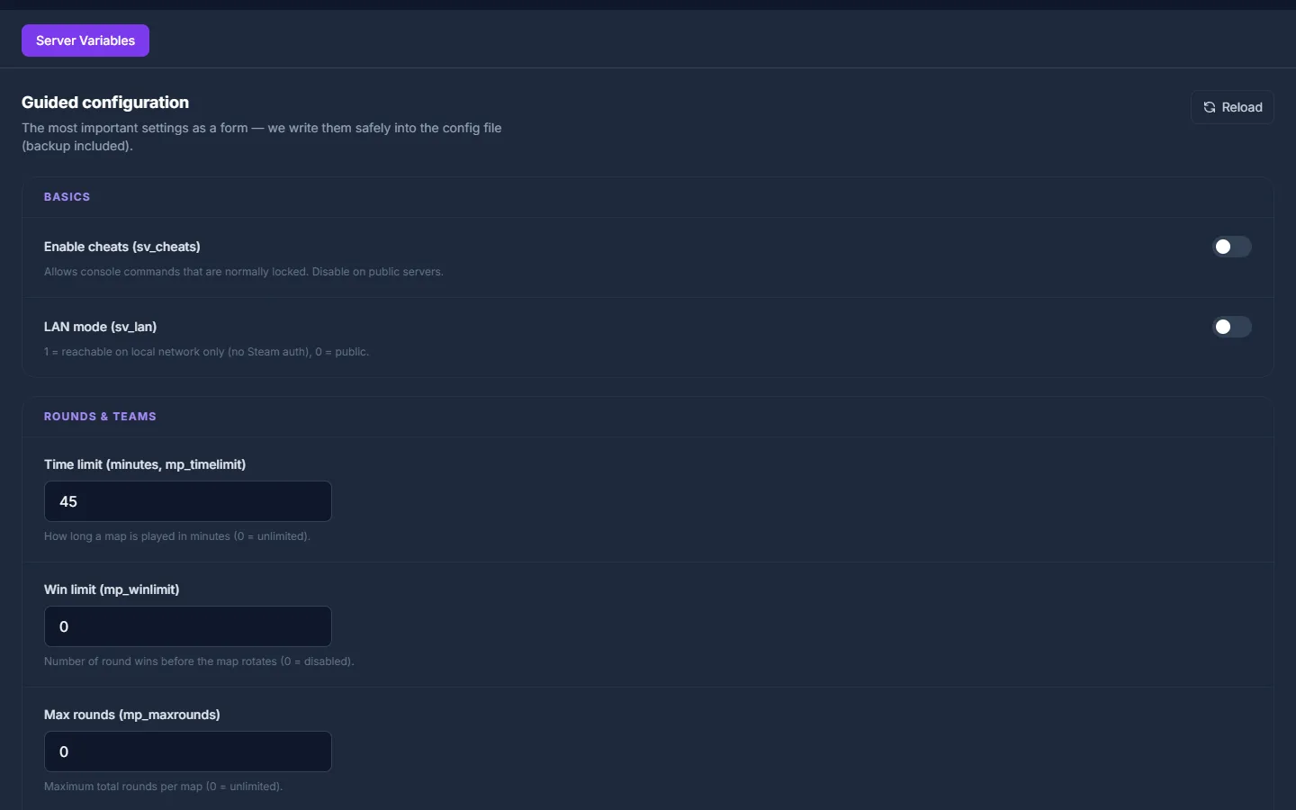 Guided server variables editor for Team Fortress 2 in the game-serverhosting.de panel